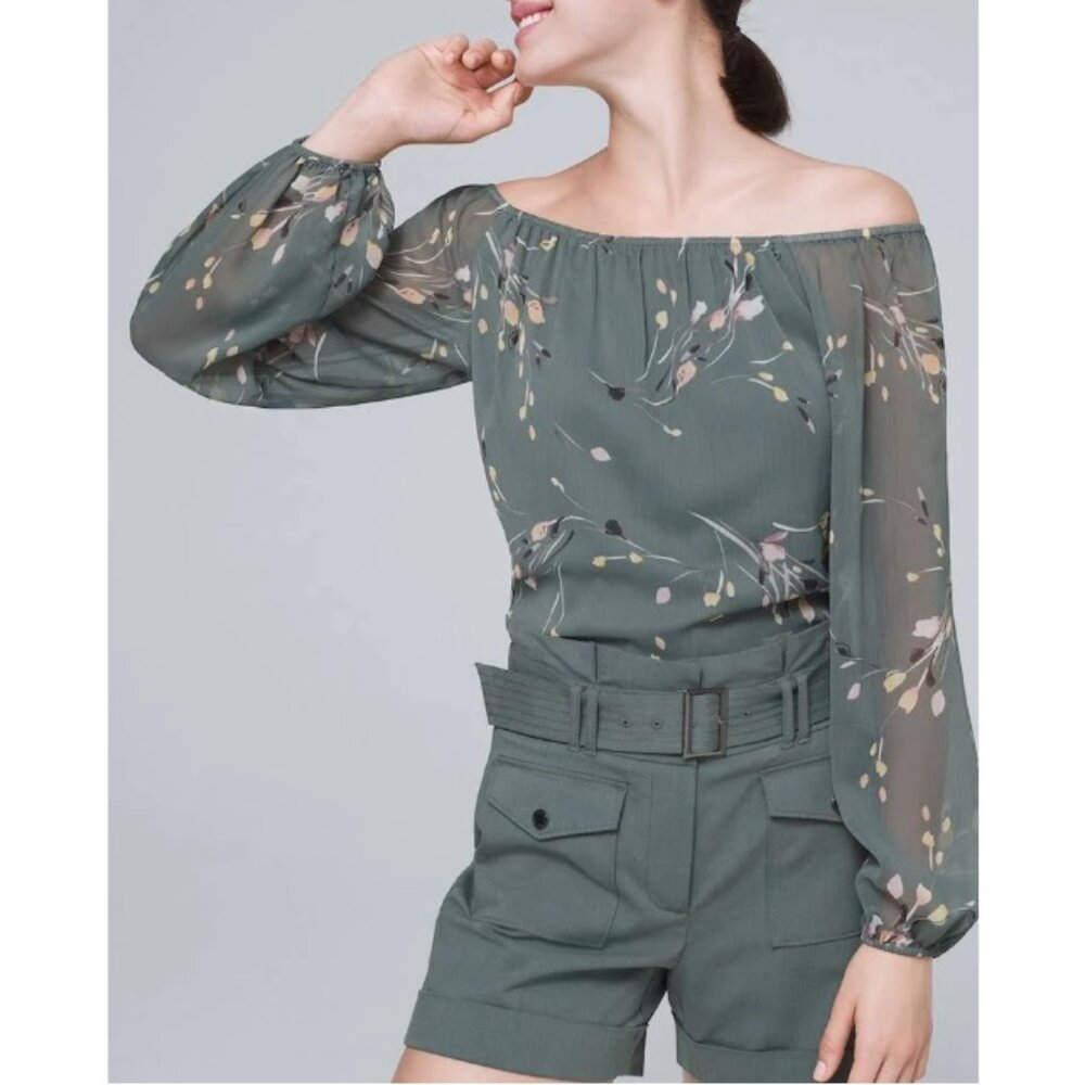 New White House Black Market Medium Green Olive Floral Off The‎ Shoulder Blouse